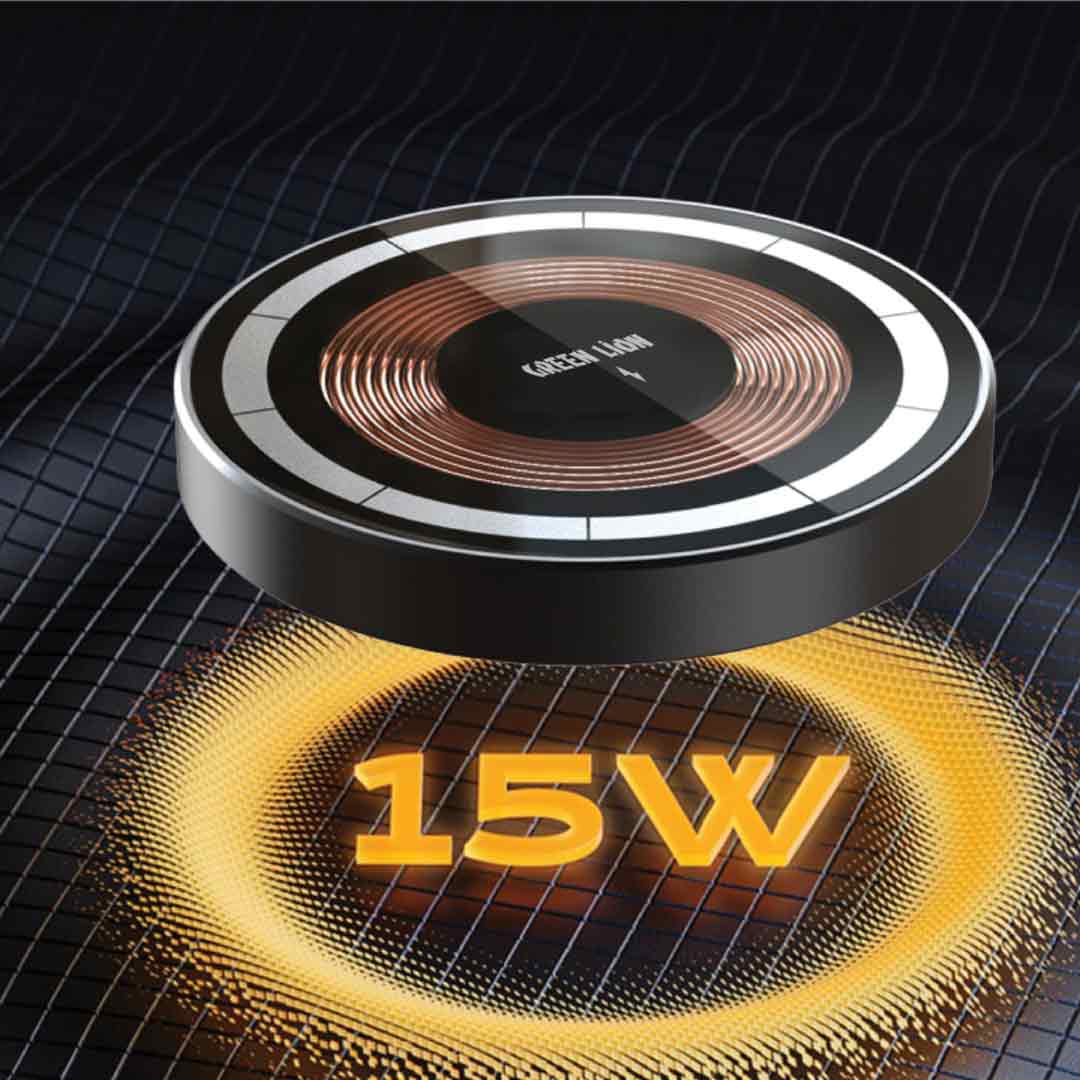 شاحن جرين لايون اللاسلكي متوافق مع ماغسيف مع طبقة زجاج مقوى - اسود | Green Lion MagSafe Wireless Charger with Tempered Glass For iPhone - Black