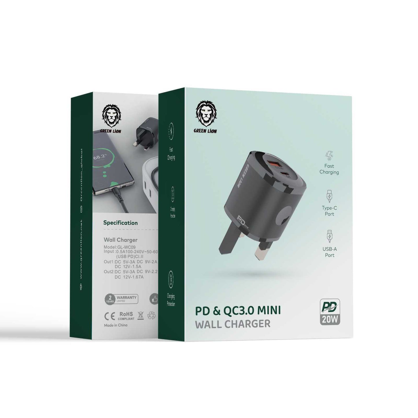 شاحن جداري جرين لايون بمنفذ يو اس بي اي و يو اس بي سي بقدرة شحن 20 واط | Green Lion PD+QC 20W Wall Charger UK Plug.