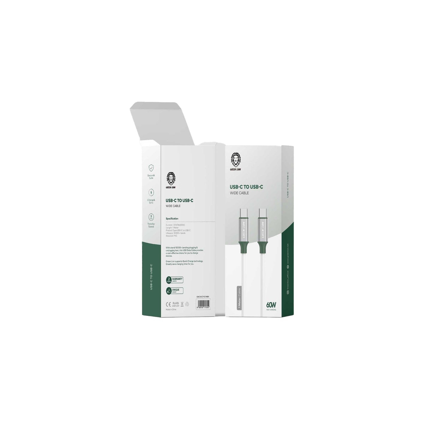 كيبل جرين لايون PVC يو اس بي سي الى يو اس بي سي بقدرة شحن 60 واط وطول 1 متر - ابيض | Green Lion PVC USB-C to Type-C Wide Cable 1M PD 60W - White