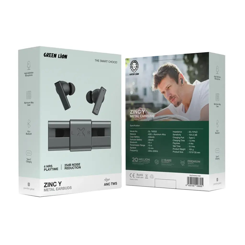 سماعات جرين لايون ZINC Y ميتال اللاسلكية بخاصية الغاء الضوضاء - اسود | Green Lion ZINC Y Metal Earbuds TWS with ANC - Black