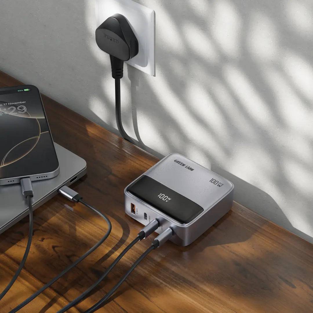 محول جرين لايون بريميوم GaN بقدرة شحن 100 واط - رمادي | Green Lion 100W GaN Premium UK Plug Adapter - Gray
