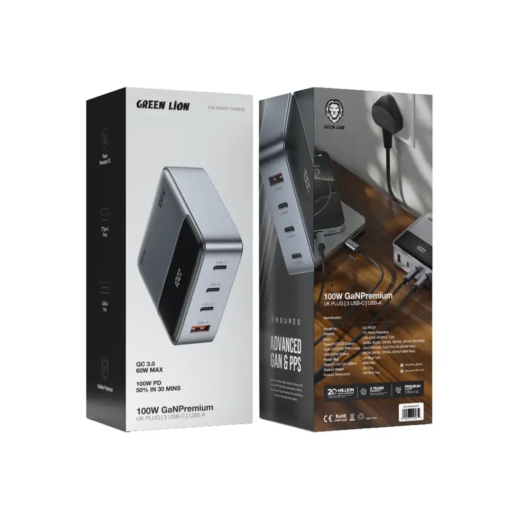محول جرين لايون بريميوم GaN بقدرة شحن 100 واط - رمادي | Green Lion 100W GaN Premium UK Plug Adapter - Gray
