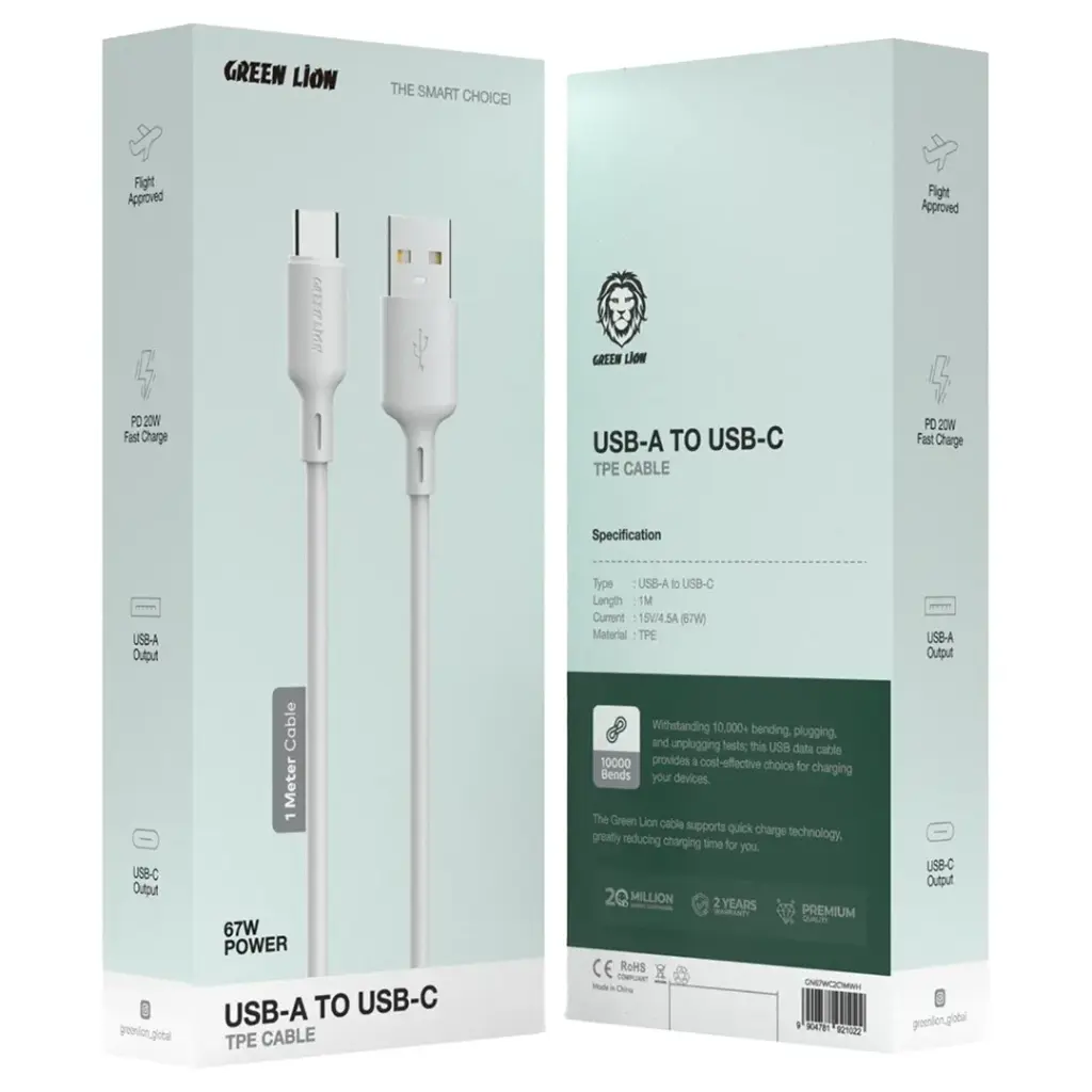 كيبل جرين لايون يو اس بي اي الى يو اس بي سي بقدرة شحن 100 واط وطول 1 متر - ابيض | Green Lion 100W USB-A to USB-C TPE Cable 1M - White