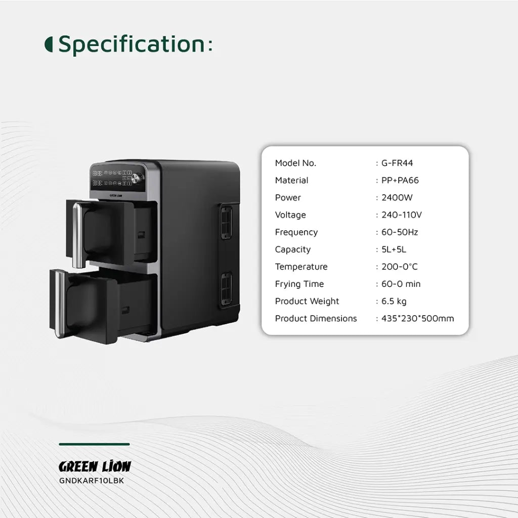 قلاية جرين لايون الهوائية المزدوجة بسعة 10 لتر - اسود | Green Lion Double Decker Air Fryer 10L - Black
