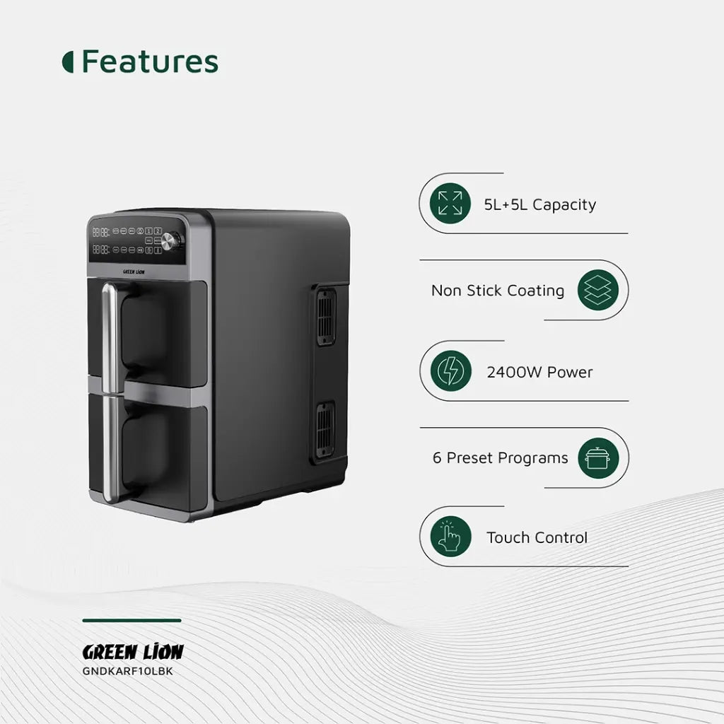 قلاية جرين لايون الهوائية المزدوجة بسعة 10 لتر - اسود | Green Lion Double Decker Air Fryer 10L - Black