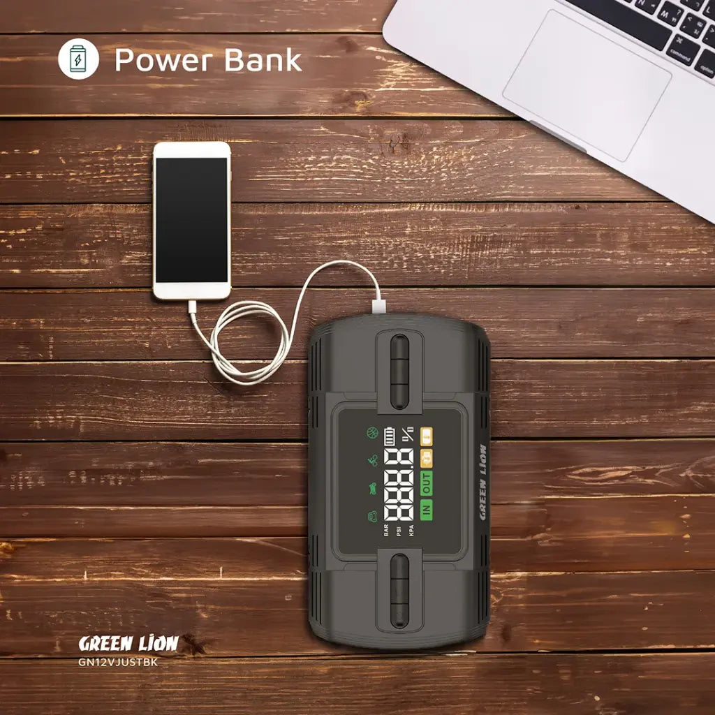 جهاز تشغيل السيارة جرين لايون 12V مع بطارية بسعة 12000 مللي امبير و منفاخ هواء | Green Lion 12V Jump Starter 12000mAh with Air Compressor