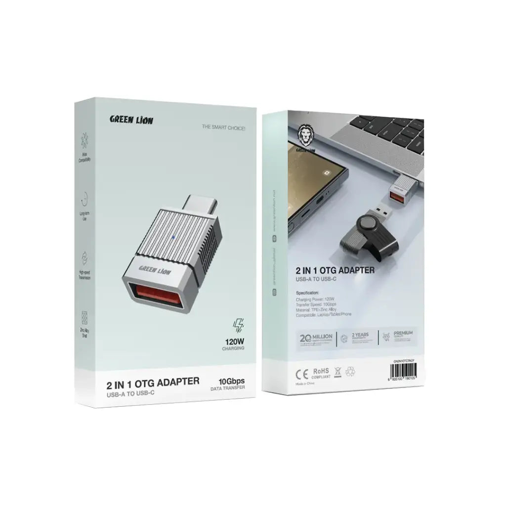 محول OTG جرين لايون من يو اس بي اي الى يو اس بي سي - رمادي | Green Lion 2 IN 1 OTG Adapter USB-A to USB-C - Gray