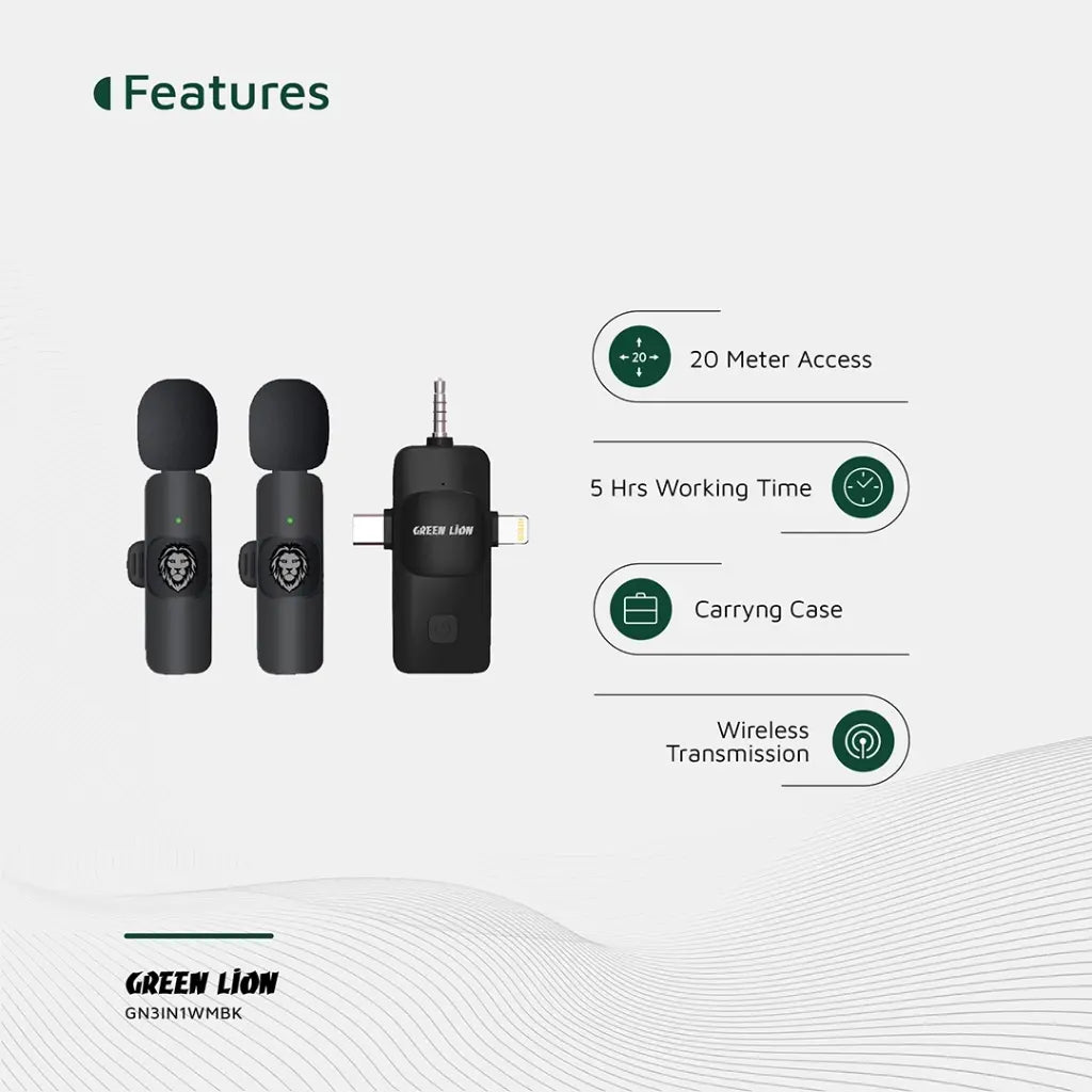 مايكروفون جرين لايون 3 في 1 تايب سي / لايتننغ / اوكس | Green Lion 3 in Microphone Type-C / Lightning / Aux
