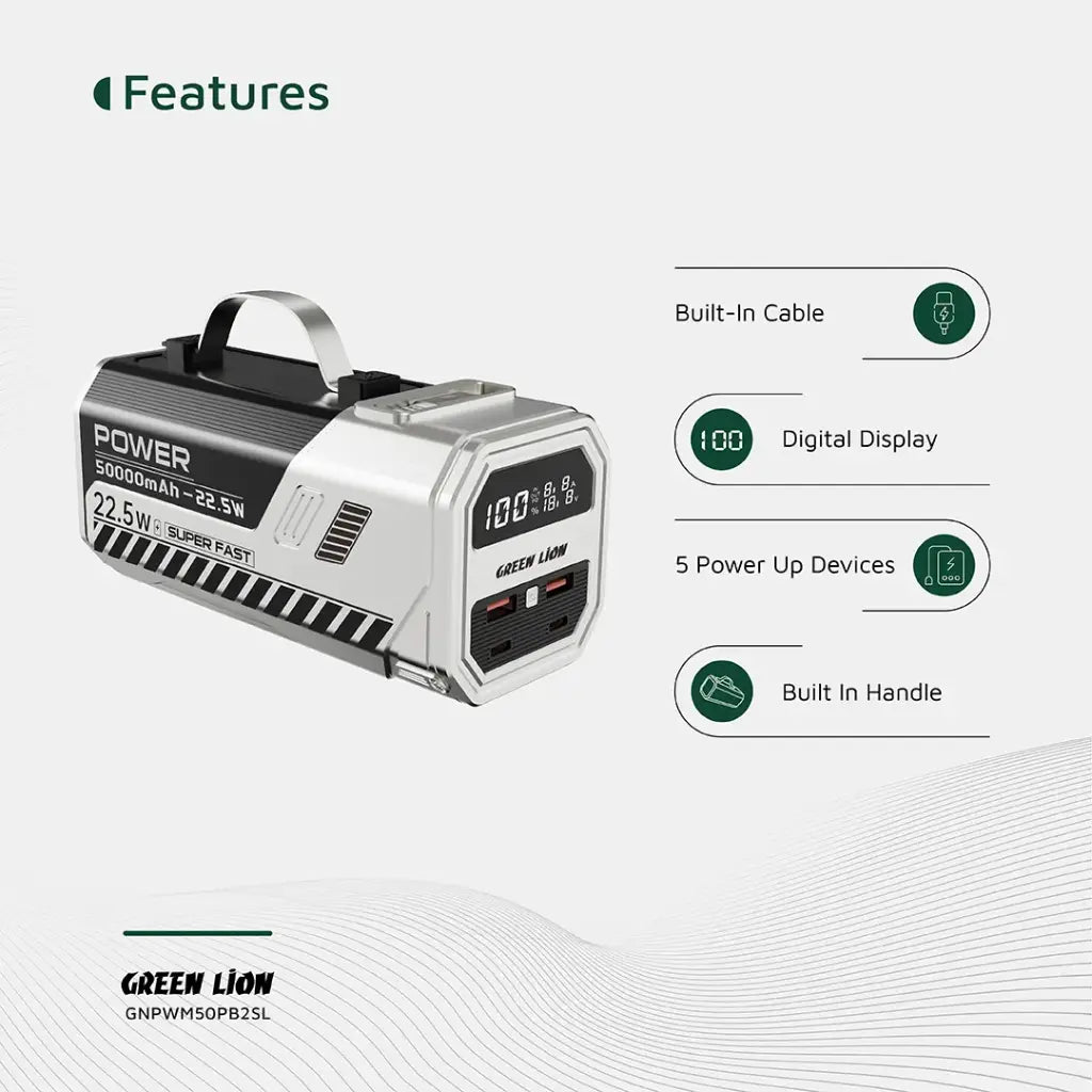 باور بانك جرين لايون باور ماكس بسعة 50000 مللي امبير وبقدرة شحن سريع 22.5 واط - فضي | Green Lion Power Max 22.5W 50000mAh Power Bank - Silver
