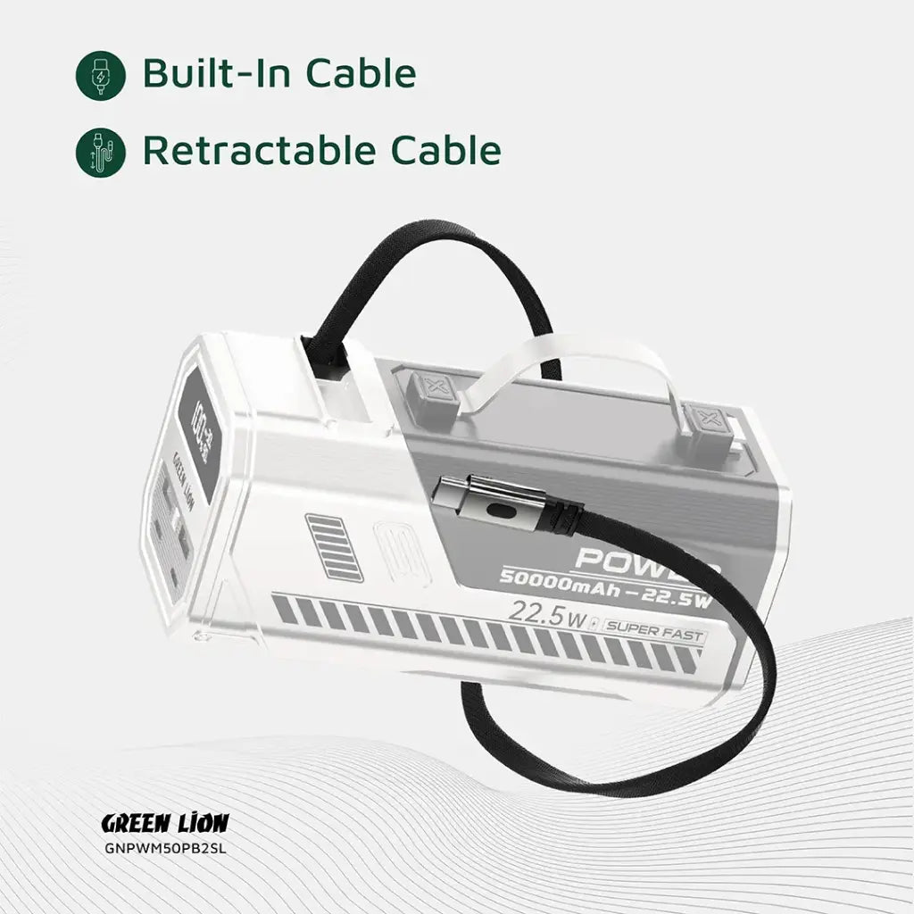 باور بانك جرين لايون باور ماكس بسعة 50000 مللي امبير وبقدرة شحن سريع 22.5 واط - فضي | Green Lion Power Max 22.5W 50000mAh Power Bank - Silver