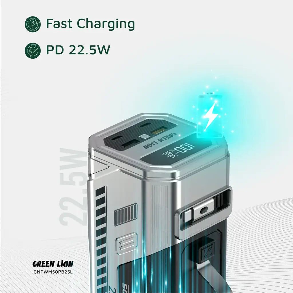 باور بانك جرين لايون باور ماكس بسعة 50000 مللي امبير وبقدرة شحن سريع 22.5 واط - فضي | Green Lion Power Max 22.5W 50000mAh Power Bank - Silver
