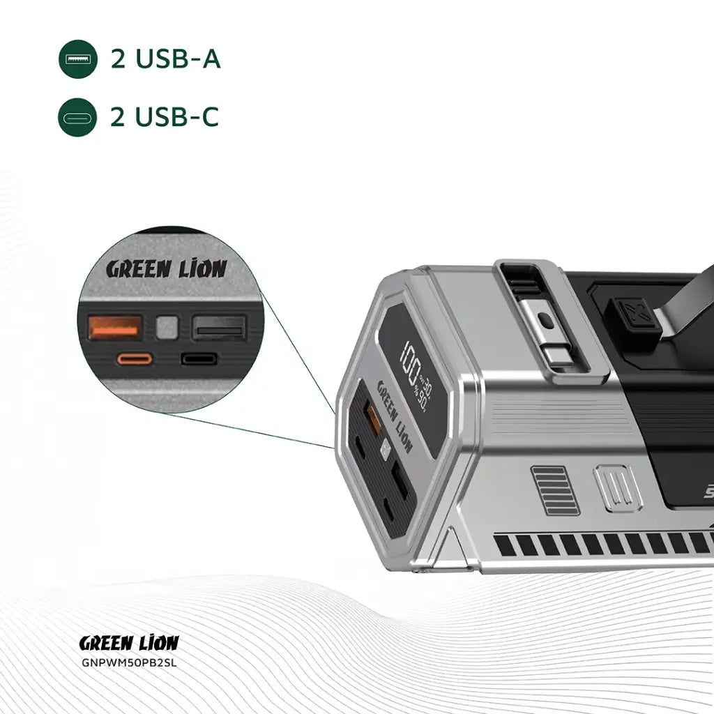 باور بانك جرين لايون باور ماكس بسعة 50000 مللي امبير وبقدرة شحن سريع 22.5 واط - فضي | Green Lion Power Max 22.5W 50000mAh Power Bank - Silver