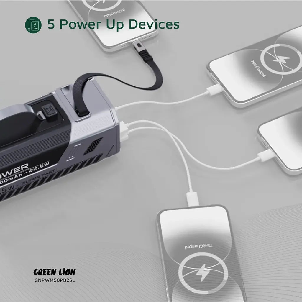 باور بانك جرين لايون باور ماكس بسعة 50000 مللي امبير وبقدرة شحن سريع 22.5 واط - فضي | Green Lion Power Max 22.5W 50000mAh Power Bank - Silver