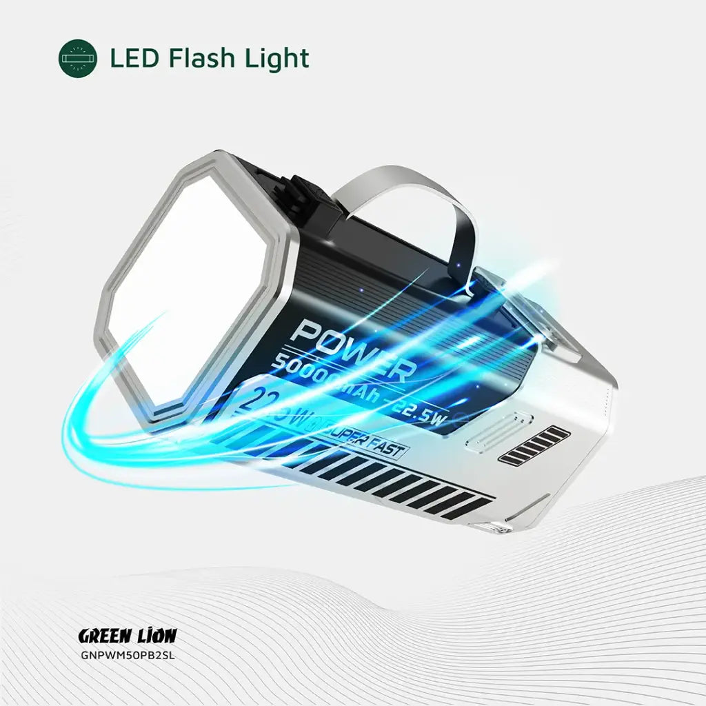 باور بانك جرين لايون باور ماكس بسعة 50000 مللي امبير وبقدرة شحن سريع 22.5 واط - فضي | Green Lion Power Max 22.5W 50000mAh Power Bank - Silver