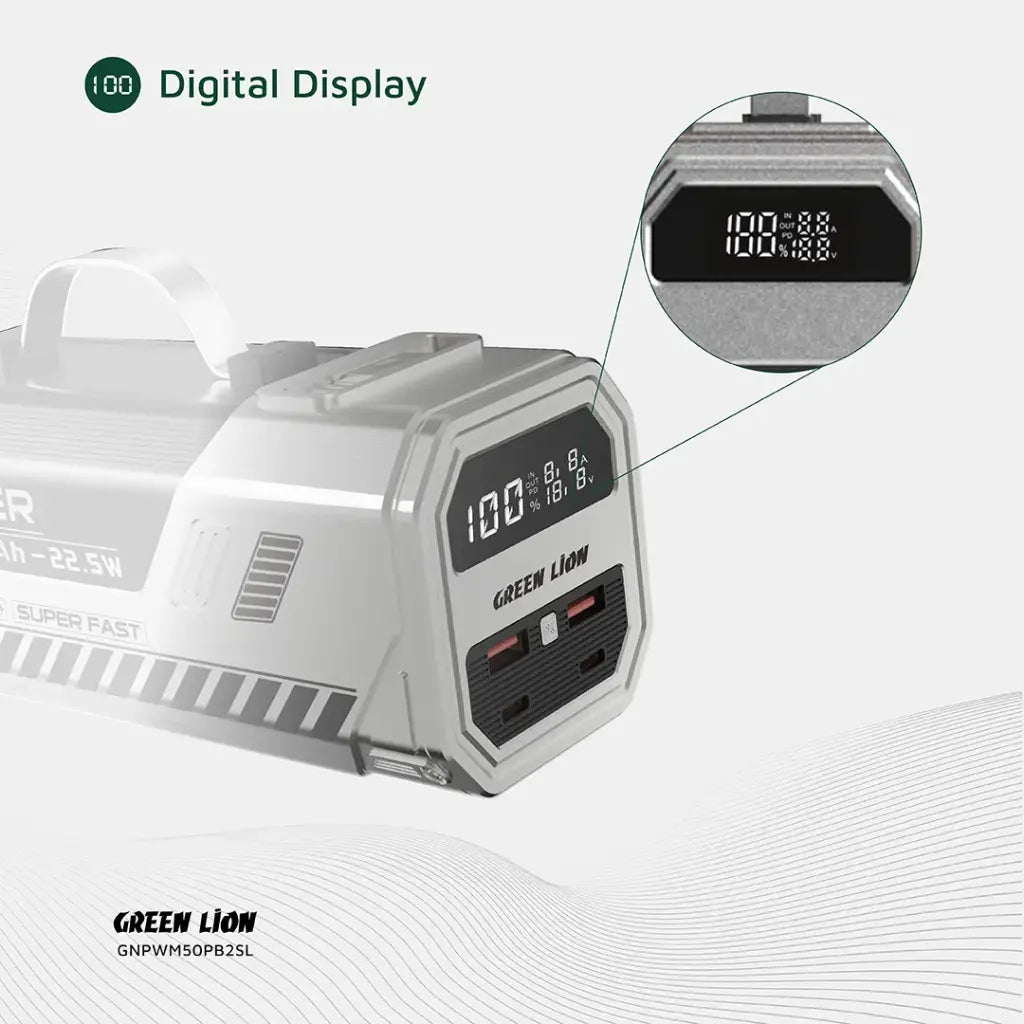 باور بانك جرين لايون باور ماكس بسعة 50000 مللي امبير وبقدرة شحن سريع 22.5 واط - فضي | Green Lion Power Max 22.5W 50000mAh Power Bank - Silver