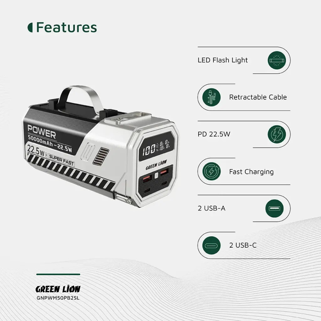 باور بانك جرين لايون باور ماكس بسعة 50000 مللي امبير وبقدرة شحن سريع 22.5 واط - فضي | Green Lion Power Max 22.5W 50000mAh Power Bank - Silver