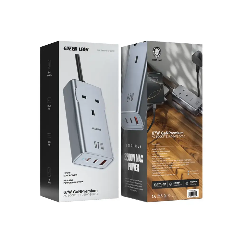 مقبس كهرباء جرين لايون GaN بقدرة شحن 67 واط - رمادي | Green Lion 67W GaNPremium AC Socket - Gray
