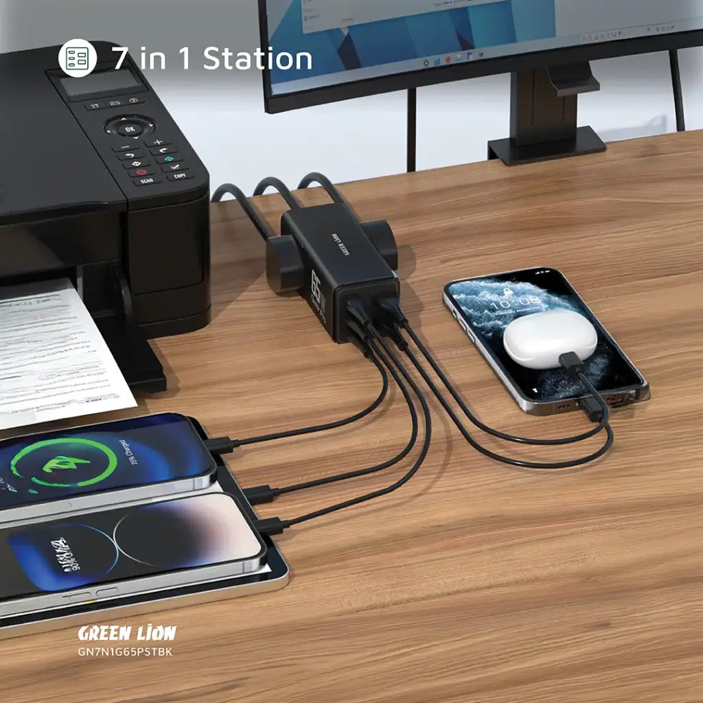 مشترك طاقة جرين لايون 7 في 1 بقدرة شحن 65 واط - اسود | Green Lion 7 In 1 GaN 65W Power Strip - Black