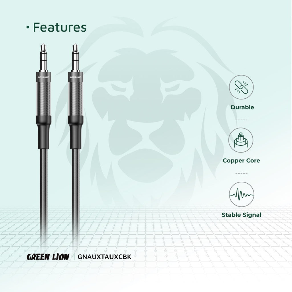 كيبل جرين لايون مضفر AUX الى AUX بطول 1 متر - اسود | Green Lion AUX to AUX Braided Cable 1M - Black