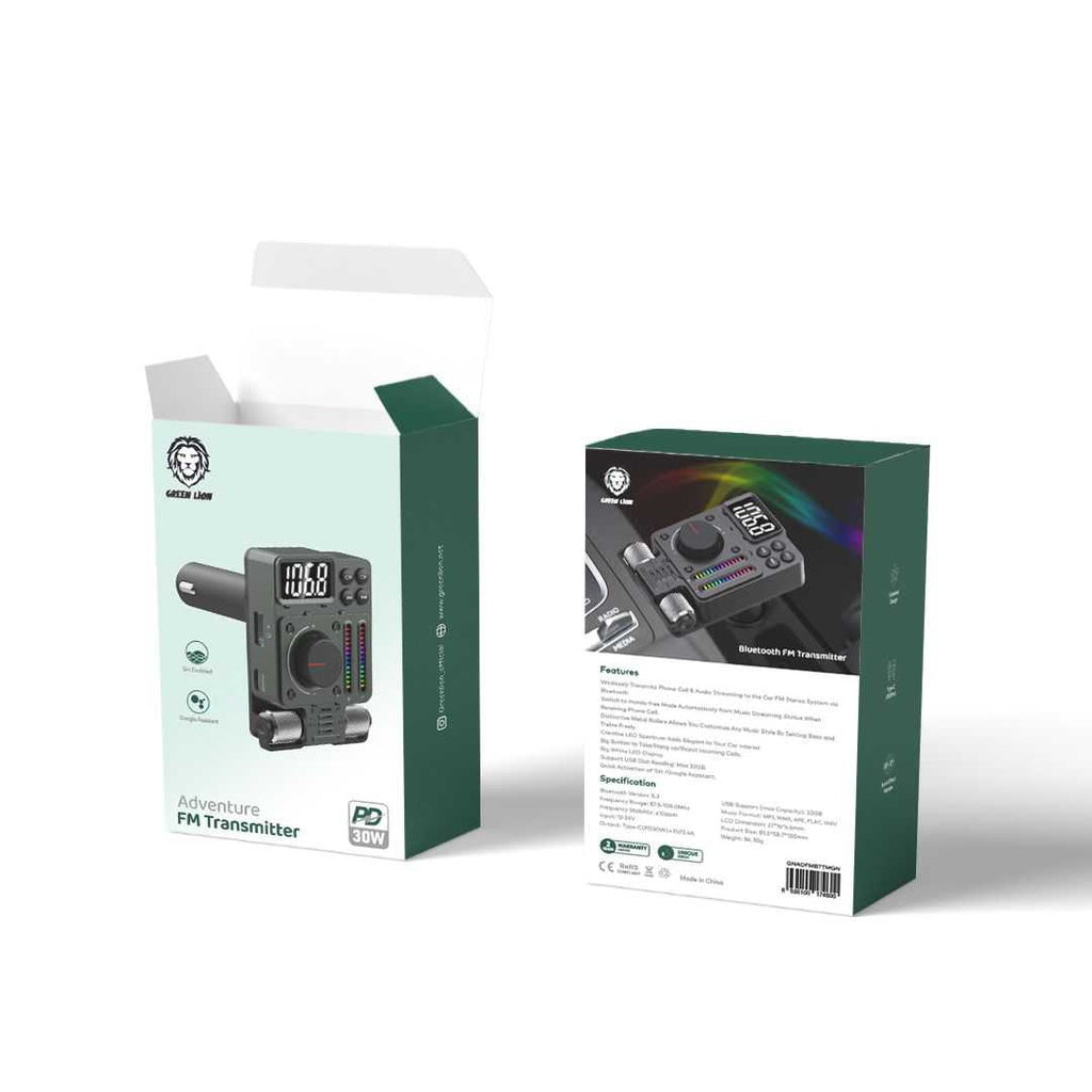 شاحن سيارة و جهاز ارسال اف ام جرين لايون أدفينجر بقدرة شحن سريع 30 واط - اخضر | Green Lion Adventure FM Transmitter PD 30W - Green