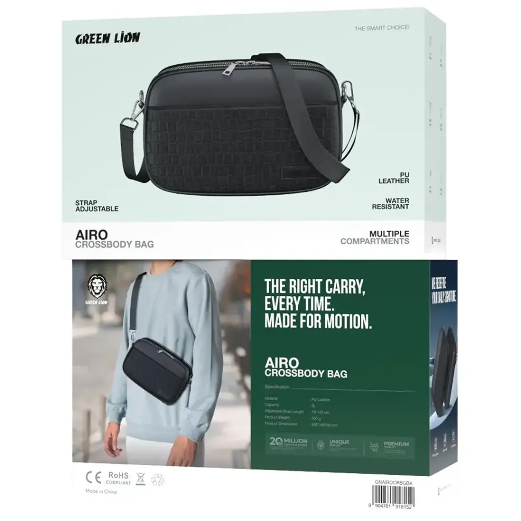 حقيبة جرين لايون آيرو حول الجسم مقاومة للماء - اسود | Green Lion Airo Crossbody Bag - Black