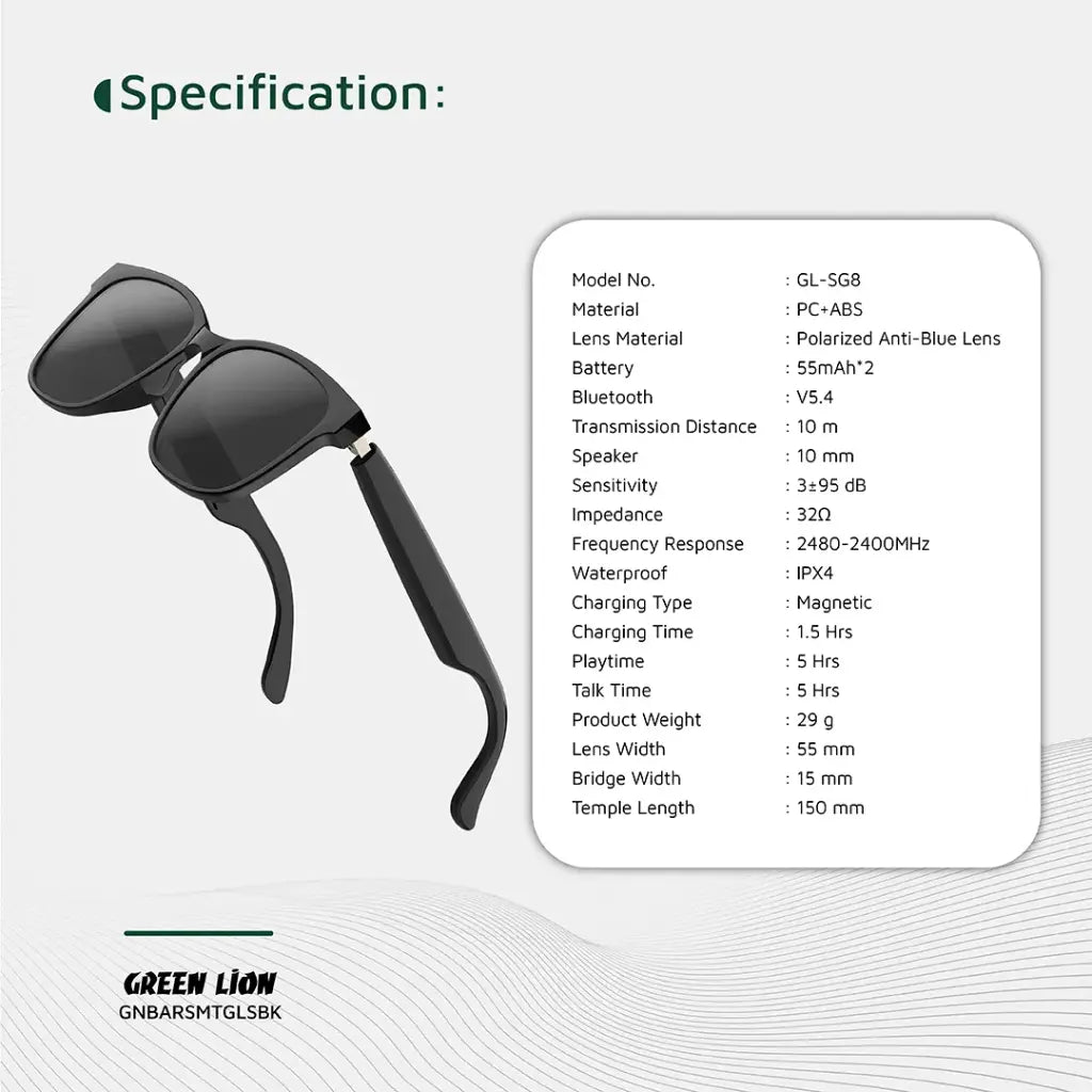 نظارات جرين لايون برشلونة الذكية بعدسات مضادة للضوء الأزرق وحماية يو في - اسود | Green Lion Barcelona Smart Glasses - Black