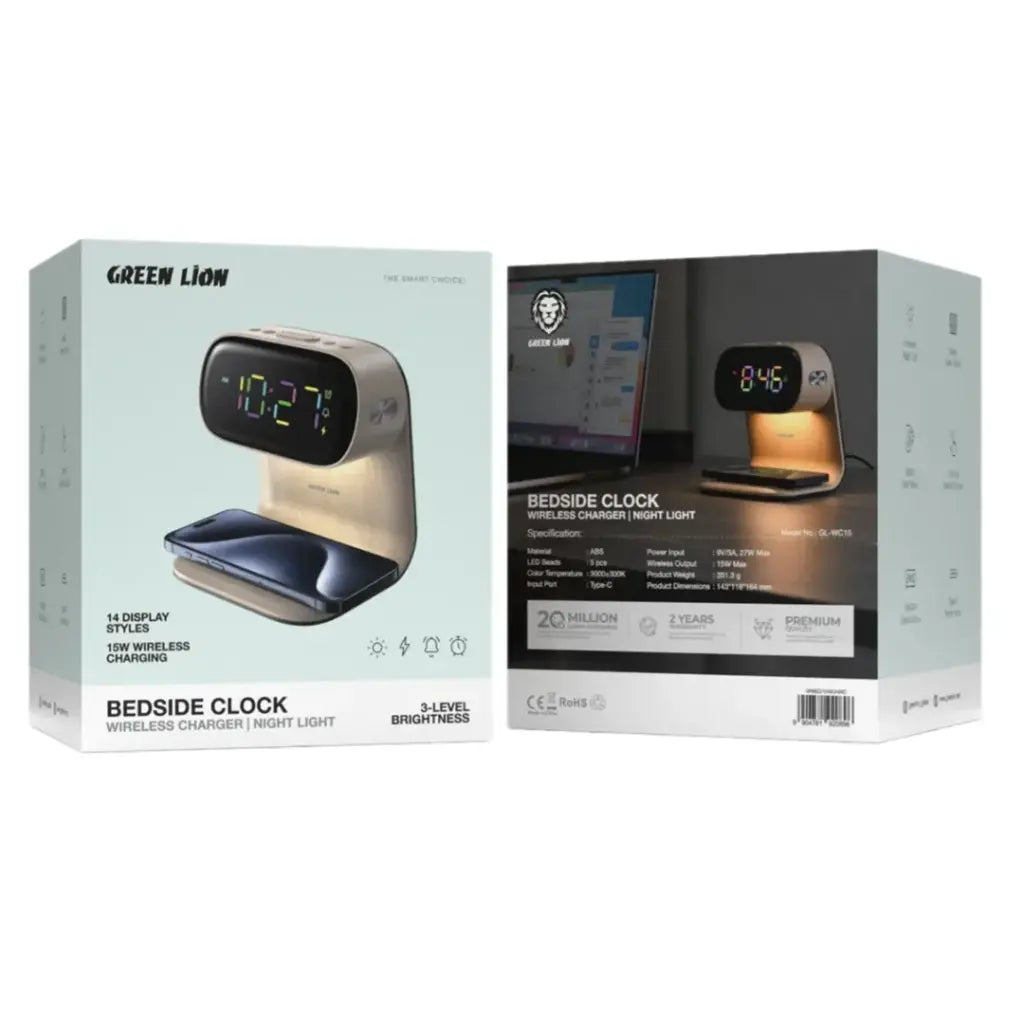 ساعة مكتبية جرين لايون مع شاحن لاسلكي | Green Lion Bedside Clock with Wireless Charger