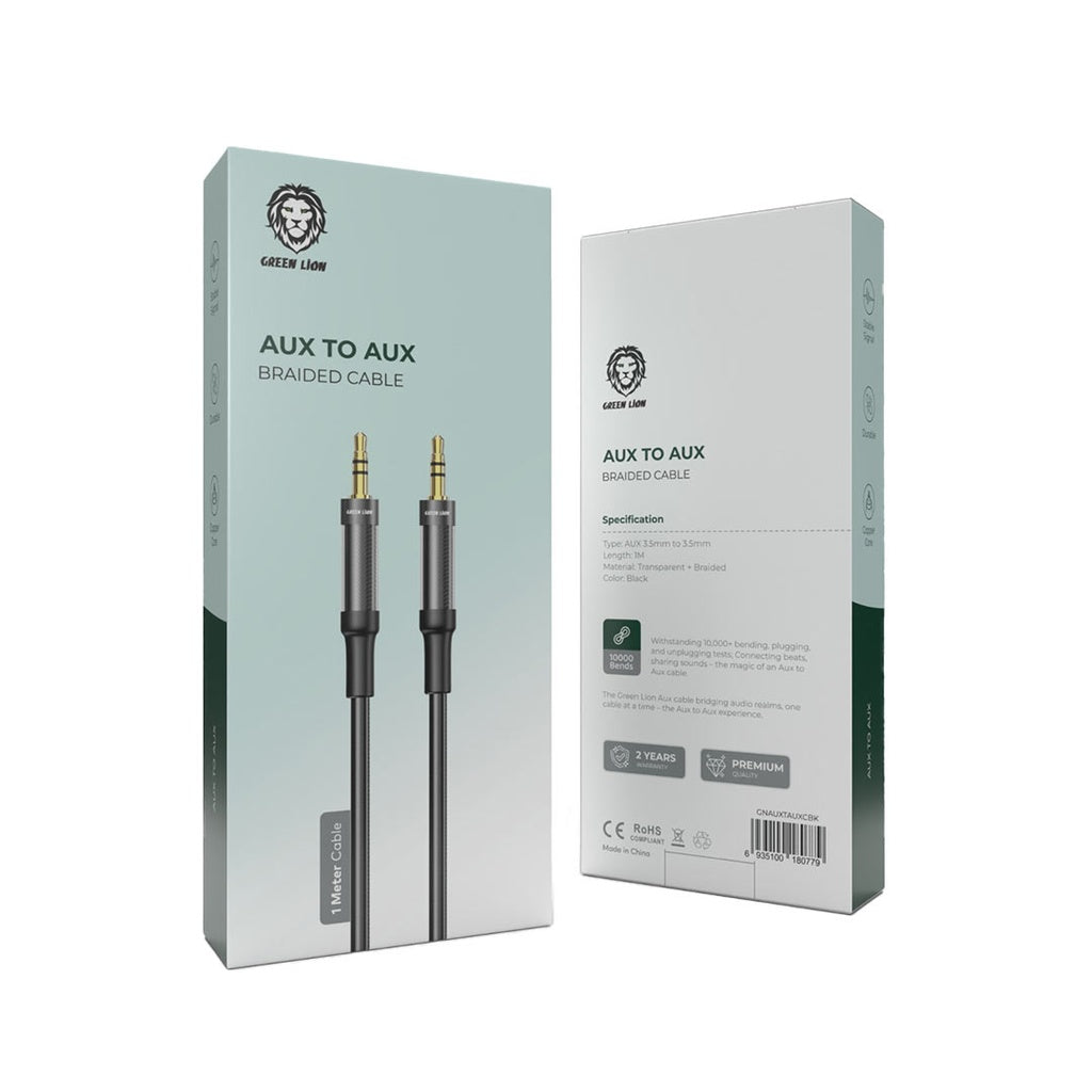 كيبل جرين لايون مضفر AUX الى AUX بطول 1 متر - اسود | Green Lion AUX to AUX Braided Cable 1M - Black