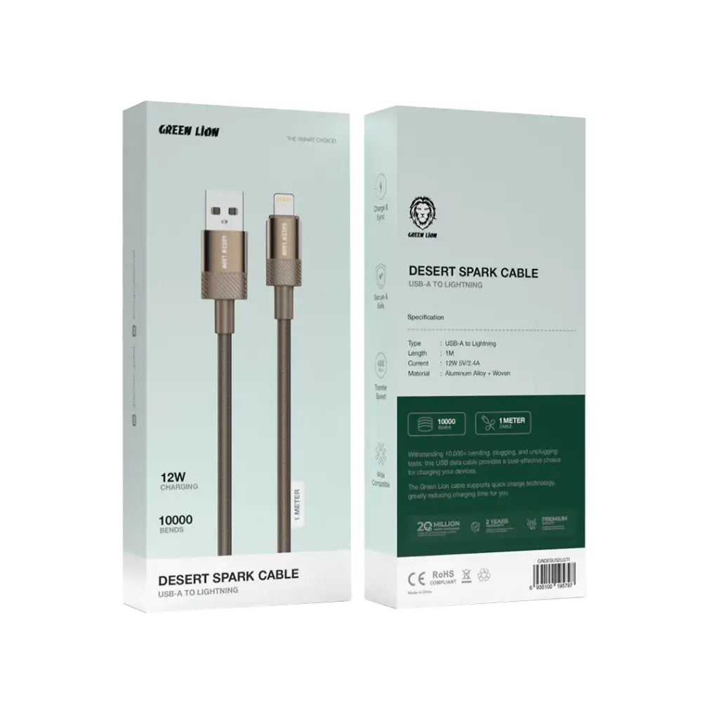 كيبل جرين لايون ديزرت سبارك يو اس بي اي الى لايتننغ بطول 1 متر | Green Lion Desert Spark Cable USB-A to Lightning 1M 12W.