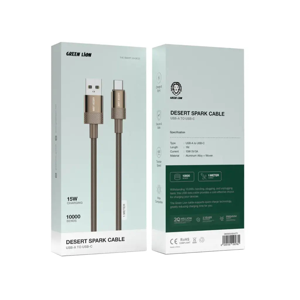 كيبل جرين لايون ديزرت سبارك يو اس بي اي الى يو اس بي سي بطول 1 متر, شحن سريع | Green Lion Desert Spark USB-A to USB-C Cable 1M – Fast & Durable Charging.