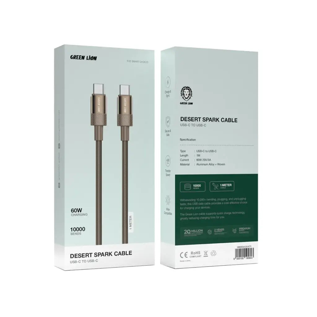 كيبل جرين لايون يو اس بي سي الى يو اس بي سي بقدرة 60 واط وطول 1 متر - تيتانيوم | Green Lion Desert Spark Cable USB-C to USB-C 1M 60W - Desert Titanium