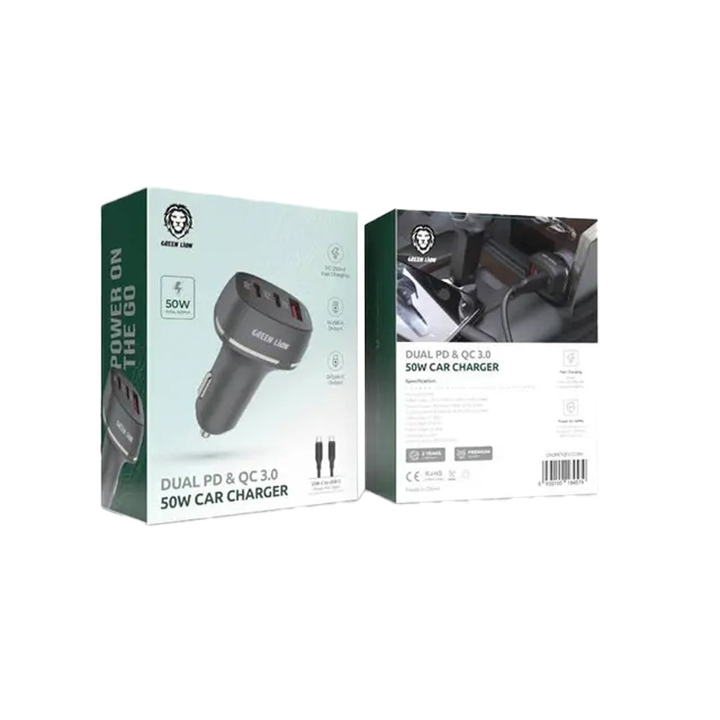 شاحن سيارة جرين لايون بمنفذين PD ومنفذ QC باجمالي طاقة 50 واط | Green Lion Car Charger QC + PD + PD 50W.