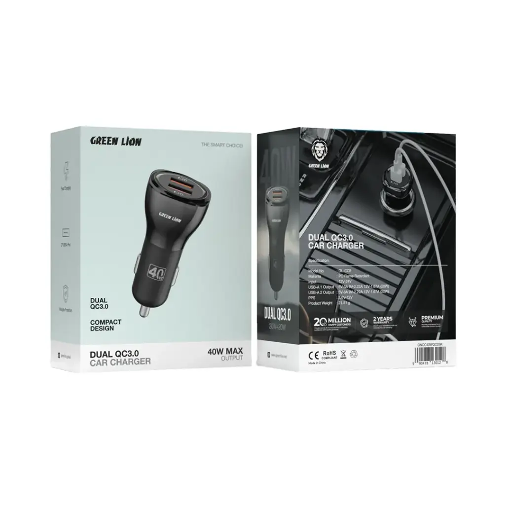 شاحن سيارة جرين لايون ثنائي المنافذ بقدرة شحن 40 واط - اسود | Green Lion Dual QC3.0 Car Charger 40W (QC 20W*2) - Black