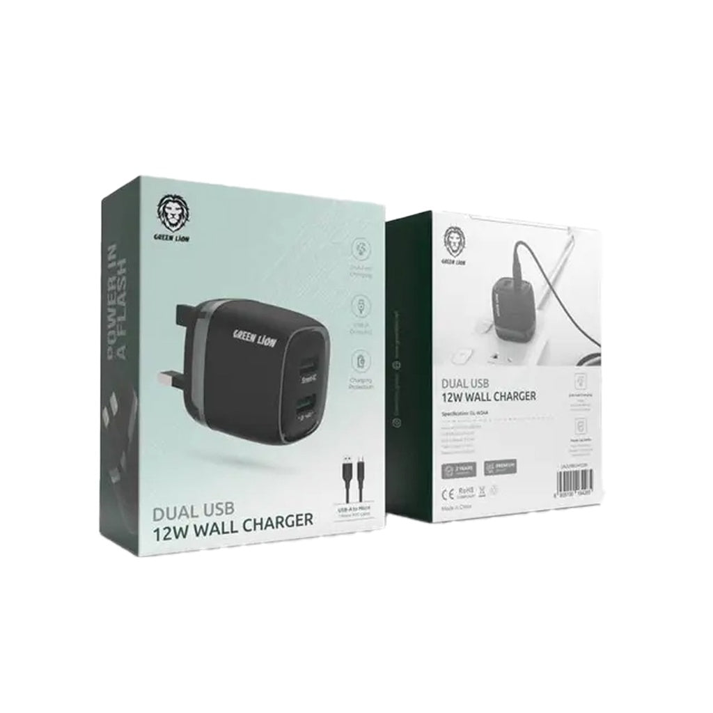 شاحن جرين لايون ثنائي المنفذ بقدرة 12 واط مع كيبل يو اس بي اي الى مايكرو بطول 1 متر - اخضر غامق | Green Lion 2USB 2.4A Charger + USB-A to Micro Cable 1M UK Plug – Dark Green