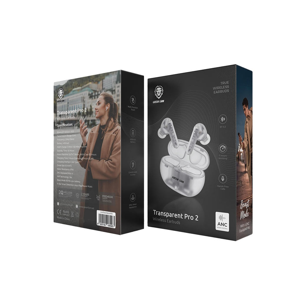 سماعات جرين لايون ترانسبيرنت برو 2 اللاسلكية - ابيض | Green Lion Transparent Pro 2 Wireless Earbuds - White