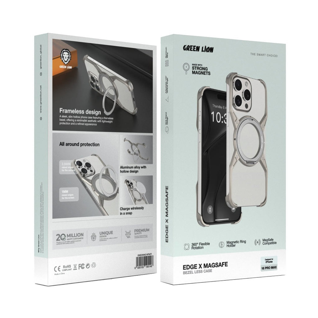 كفر جرين لايون ايدج X ماج سيف لهاتف ايفون 16 برو ماكس - تيتانيوم | Green Lion Edge X MagSafe Bezel Less Case for iPhone 16 Pro Max - Natural Titanium