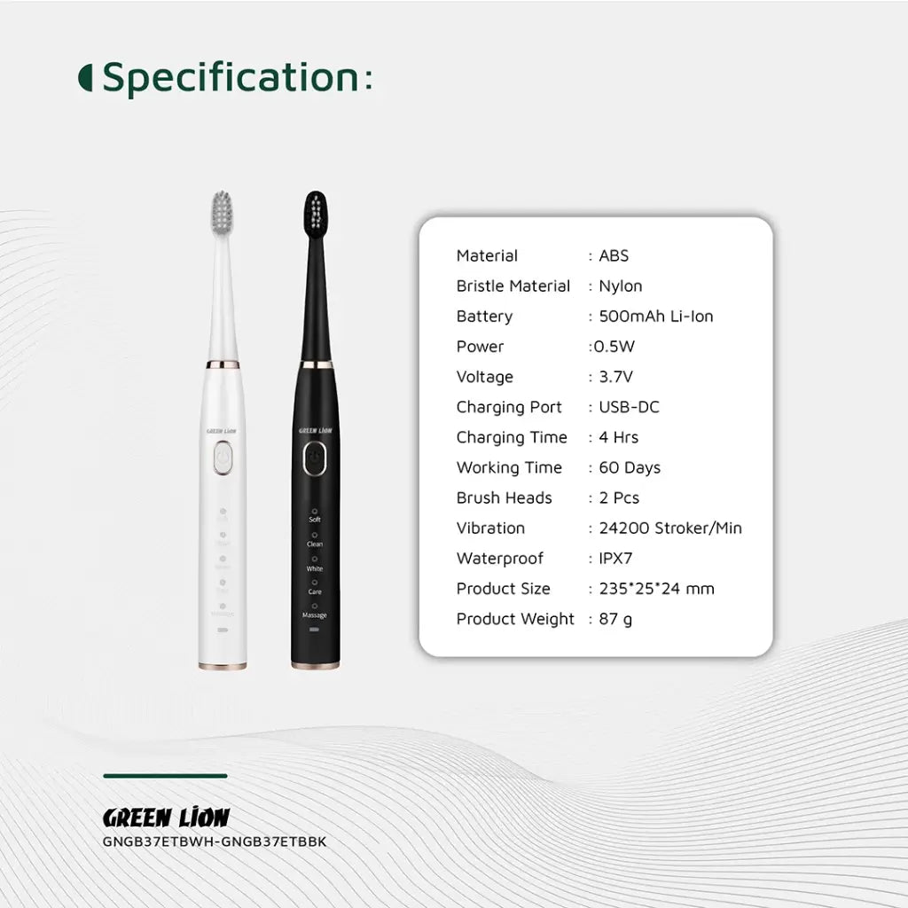 فرشاة الاسنان الكهربائية جرين لايون GB-37, بطارية تدوم حتى 60 يوما | Green Lion GB-37 Electric Tooth Brush – Up To 60 Days Battery Life.