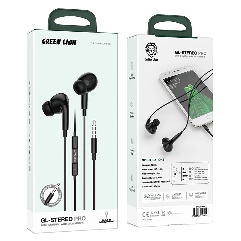 سماعة جرين لايون GL-Stereo Pro السلكية مع مايكروفون - اسود | Green Lion GL-Stereo Pro Wire Control With Microphone - Black