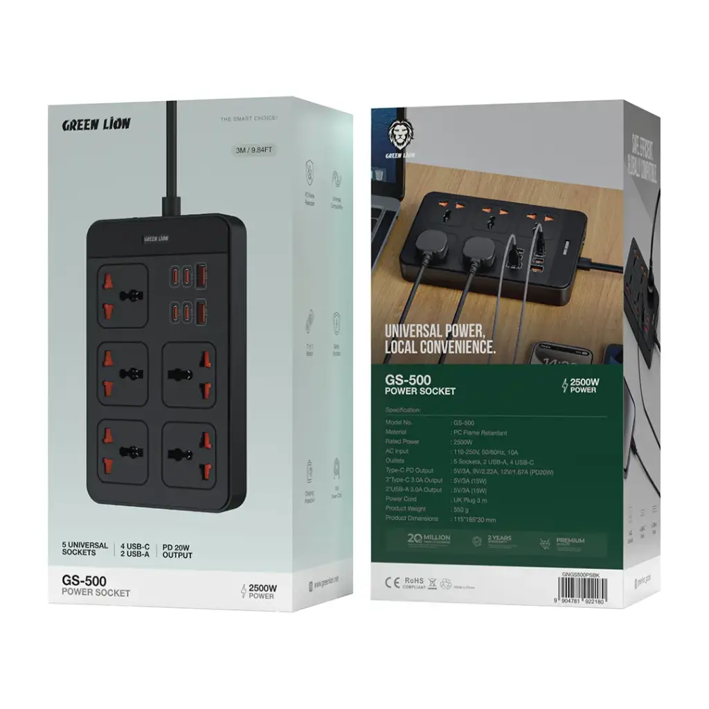 وصلة كهربائية جرين لايون GS 500 بقدرة 2500 واط مع شحن سريع بقدرة 20 واط - اسود | Green Lion GS 500 Power Socket PD20W - Black