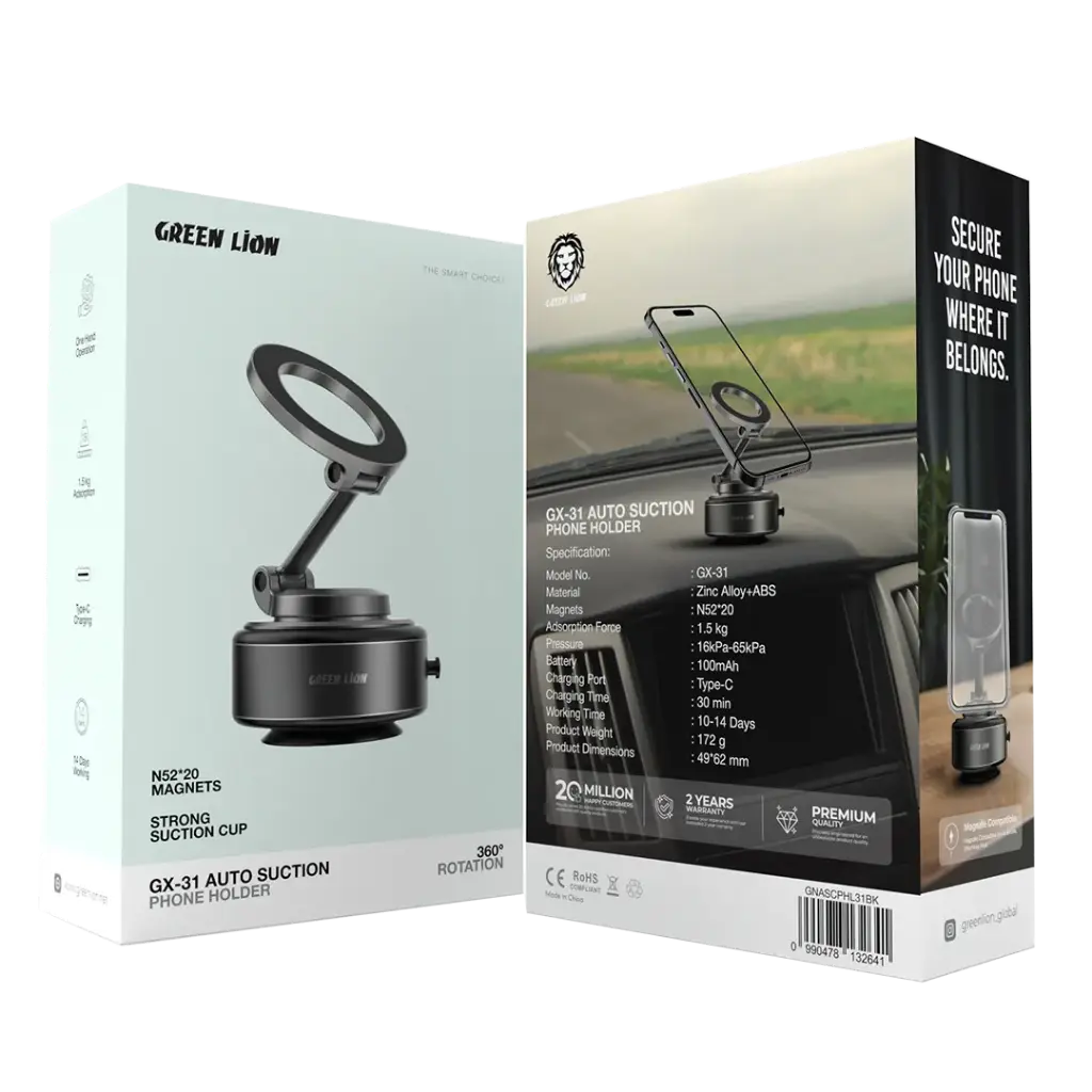 حامل هاتف سيارة جرين لايون مغناطيسي مع قاعدة شفط - اسود | Green Lion GX-31 Auto Suction Phone Holder - Matte Black