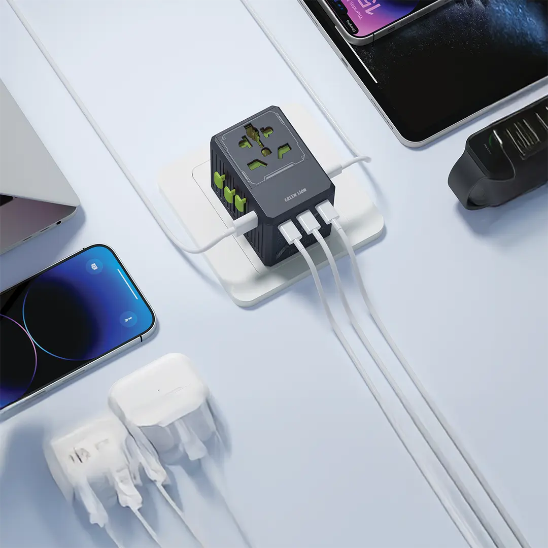 محول سفر جرين لايون GaN بتصميم 6 في 1 و بقدرة شحن 35 واط - اسود | Green Lion GaN Adapter 35W 6 in 1 | 2 in 2 Cable - Black