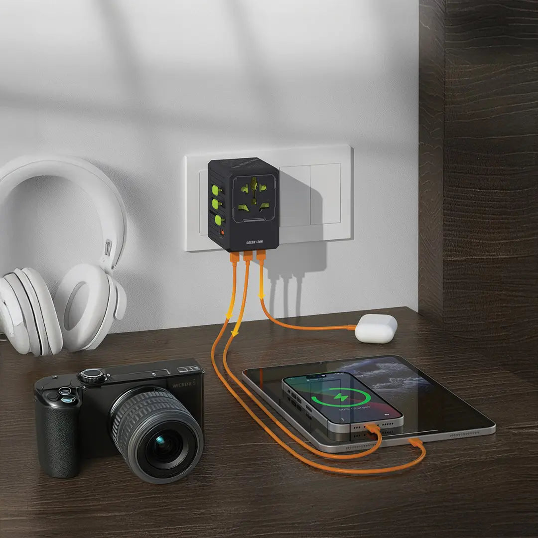محول سفر جرين لايون GaN بتصميم 6 في 1 و بقدرة شحن 35 واط - اسود | Green Lion GaN Adapter 35W 6 in 1 | 2 in 2 Cable - Black