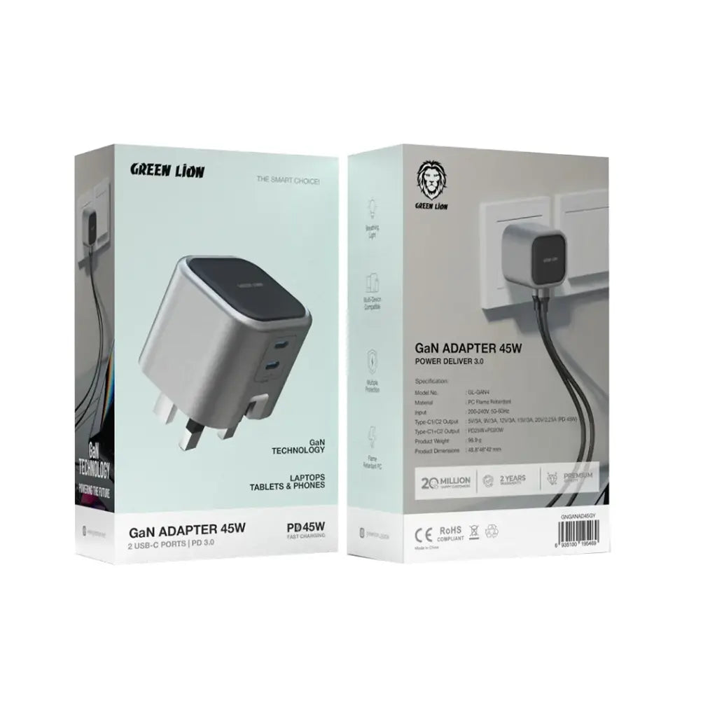 شاحن جداري جرين لايون GaN بقدرة شحن 45 واط مع منفذين تايب سي - رمادي | Green Lion GaN Adapter 45W 2 USB-C Ports - Grey