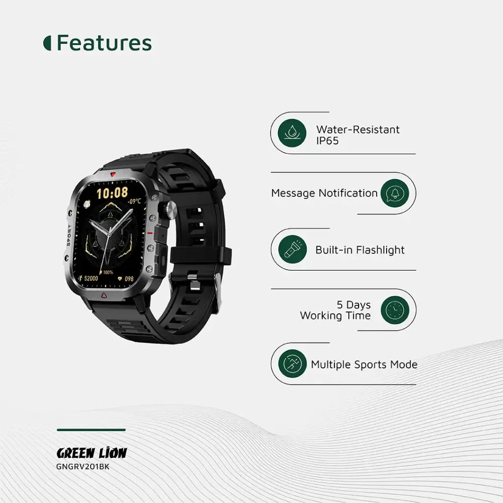 ساعة جرين لايون جرافيكس الذكية - اسود | Green Lion Gravix Smart Watch – Black