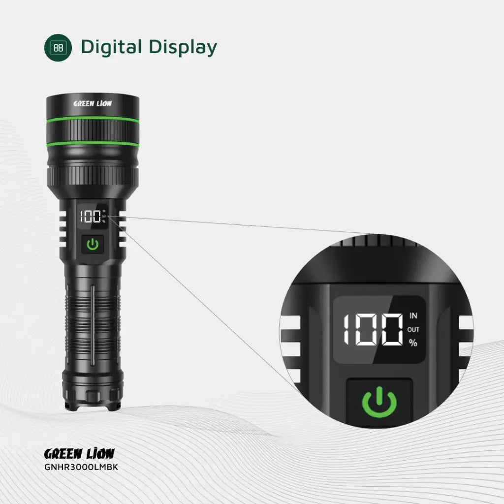 كشاف جرين لايون هايبر راي برو بقوة 3000 لومن - اسود | Green Lion Hyper Ray Pro 3000LM LED Torch – Black