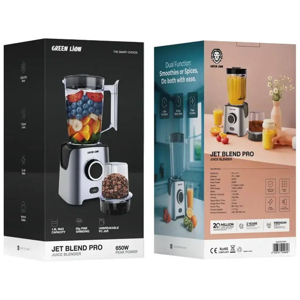 خلاط عصير جرين لايون جت بليند بقدرة 650 واط - رمادي | Green Lion Jet Blend Pro Juice Blender 650W - Gray