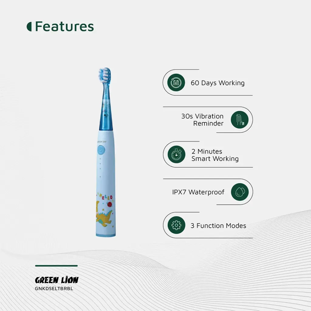 فرشاة الاسنان الكهربائية للاطفال من جرين لايون, بطارية تدوم حتى 60 يوما | Green Lion Kids Electric Toothbrush – Up To 60 Days Battery Life.