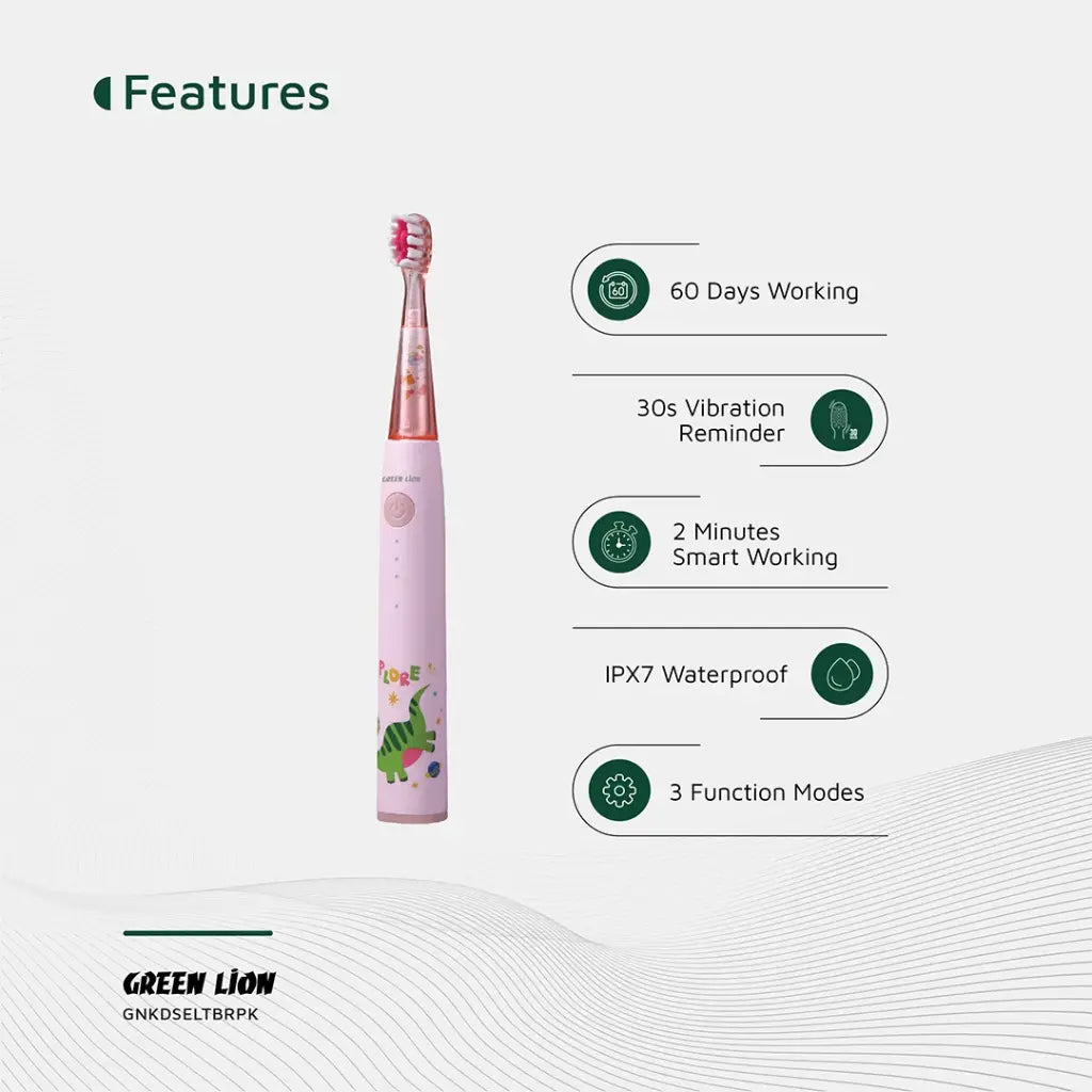 فرشاة الاسنان الكهربائية للاطفال من جرين لايون, بطارية تدوم حتى 60 يوما | Green Lion Kids Electric Toothbrush – Up To 60 Days Battery Life.
