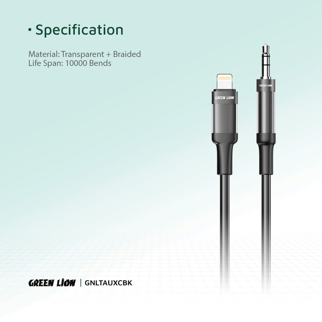كيبل جرين لايون لايتننغ الى AUX بطول 1 متر - اسود | Green Lion Lightning to AUX Braided Cable 1M - Black