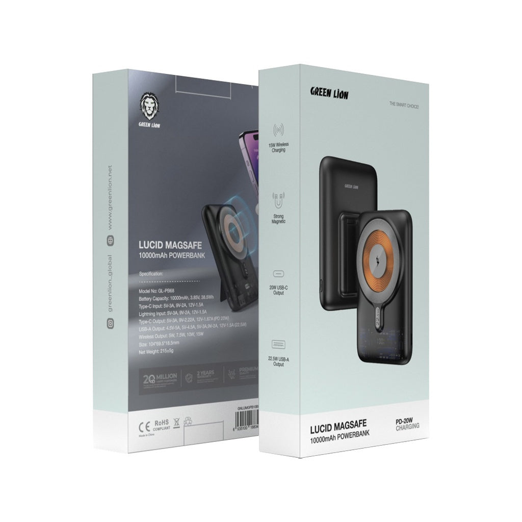 باور بانك جرين لايون لوسيد ماج سيف بسعة 10,000 مللي امبير | Green Lion Lucid Magsafe 10000mAh Power Bank - Black